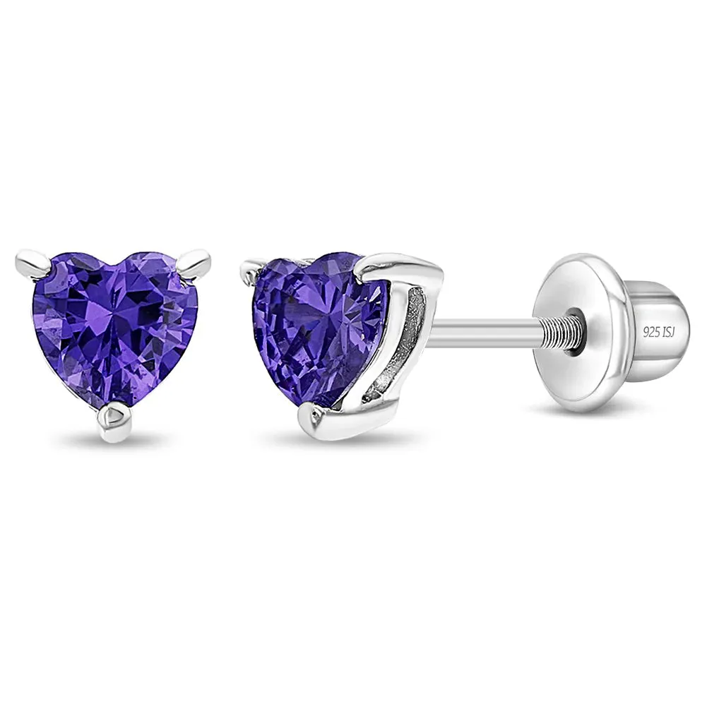 CZ Heart Solitaire 4mm Baby / Toddler / Kids Earrings Screw Back - Sterling Silver