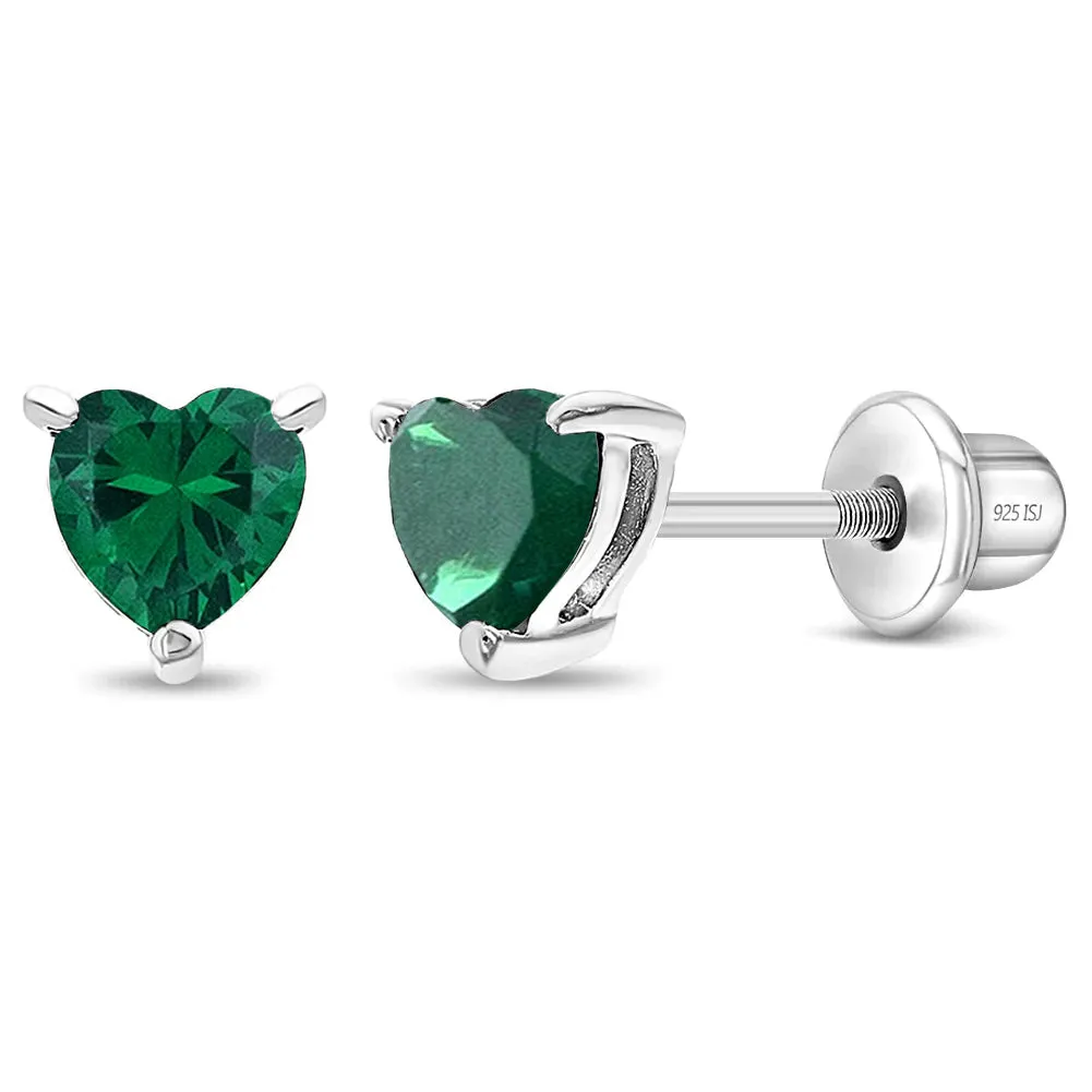 CZ Heart Solitaire 4mm Baby / Toddler / Kids Earrings Screw Back - Sterling Silver