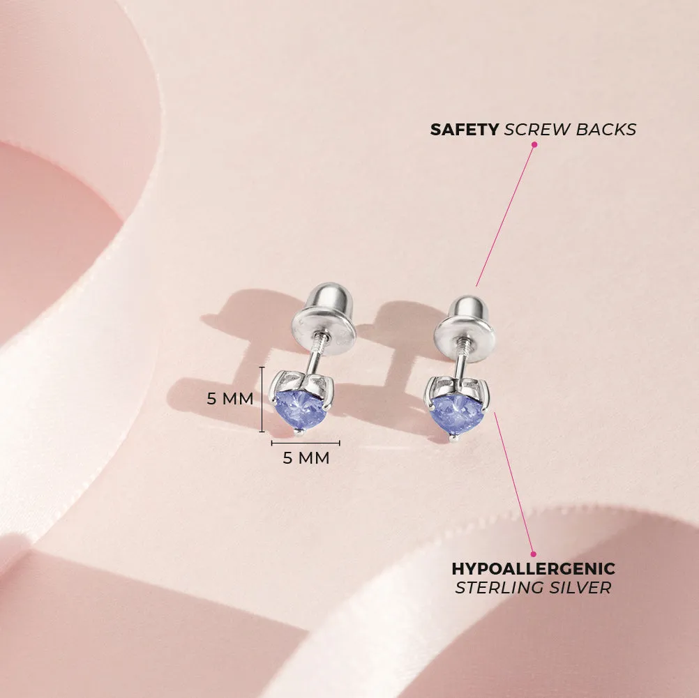 CZ Heart Solitaire 4mm Baby / Toddler / Kids Earrings Screw Back - Sterling Silver