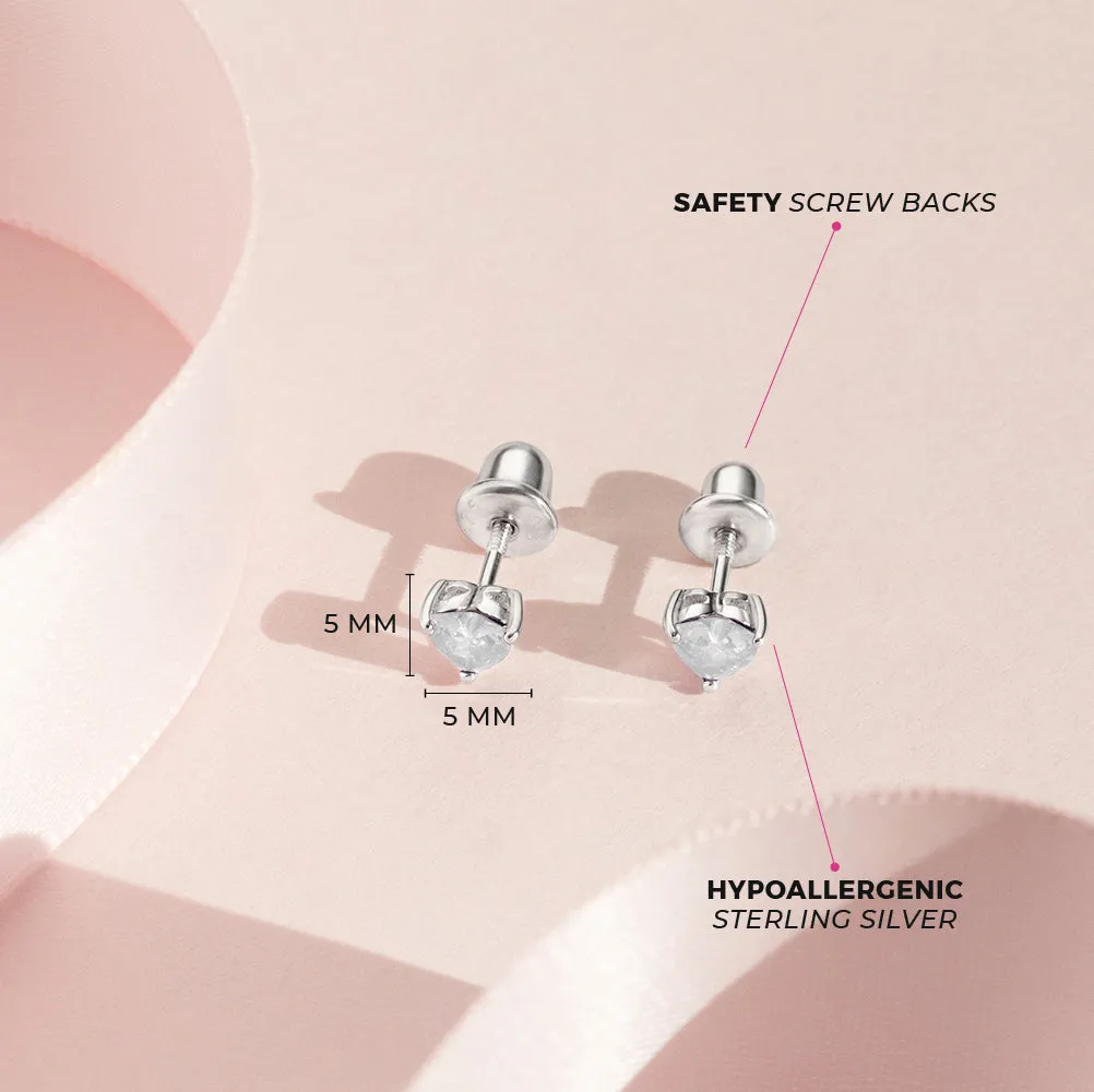 CZ Heart Solitaire 4mm Baby / Toddler / Kids Earrings Screw Back - Sterling Silver