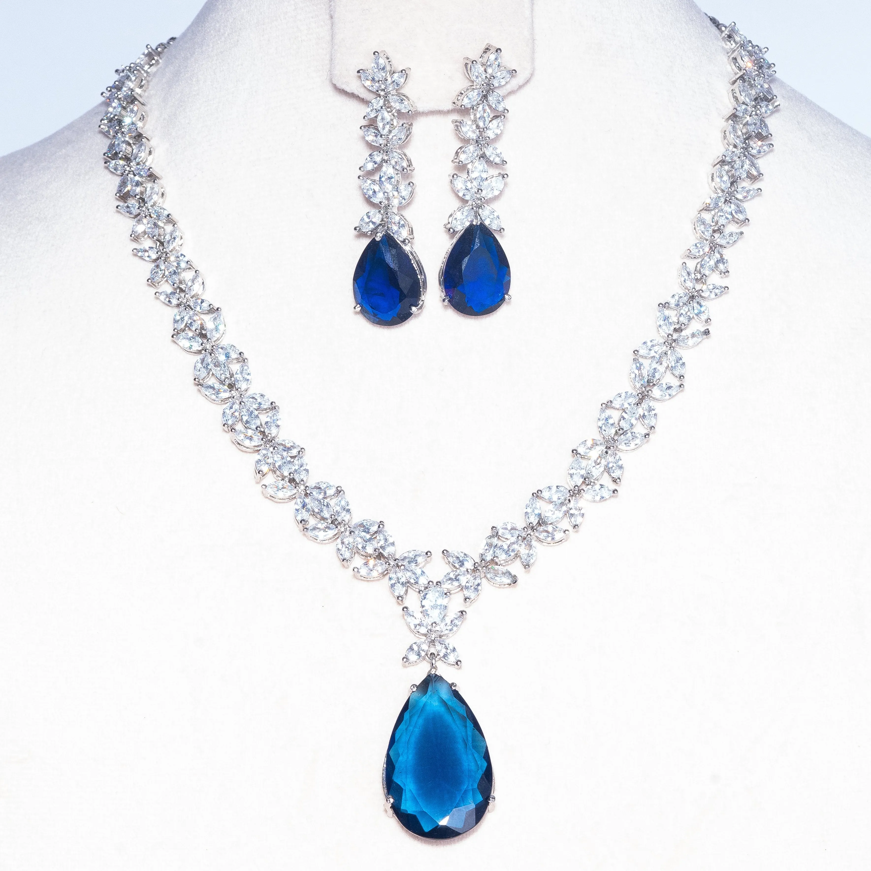 Daria Sapphire Blue Modern Necklace & Earring Set by Jaipur Rose Designer Indian Jewelry