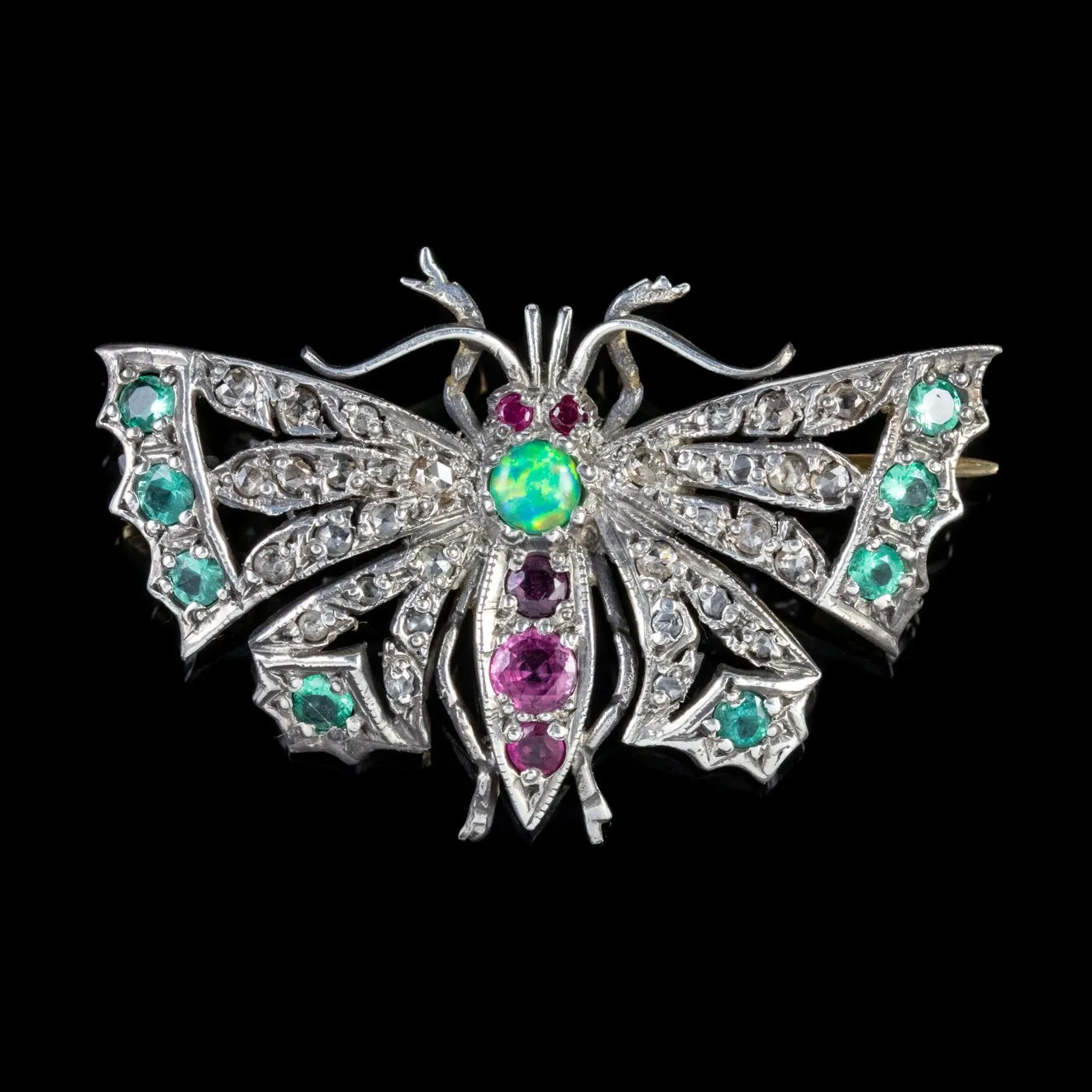 Edwardian Style Diamond Emerald Ruby Opal Butterfly Brooch Silver 18ct Gold