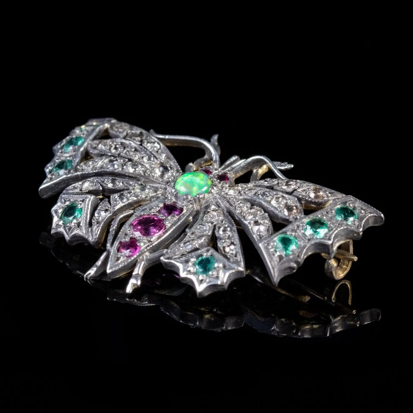 Edwardian Style Diamond Emerald Ruby Opal Butterfly Brooch Silver 18ct Gold