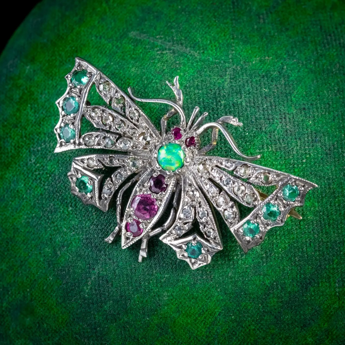 Edwardian Style Diamond Emerald Ruby Opal Butterfly Brooch Silver 18ct Gold