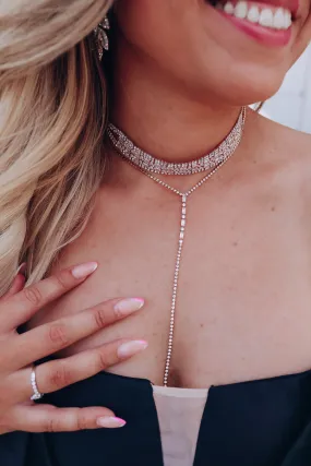 Emerald Cut Bejeweled Dual Choker and Lariat Set - Gold/Clear