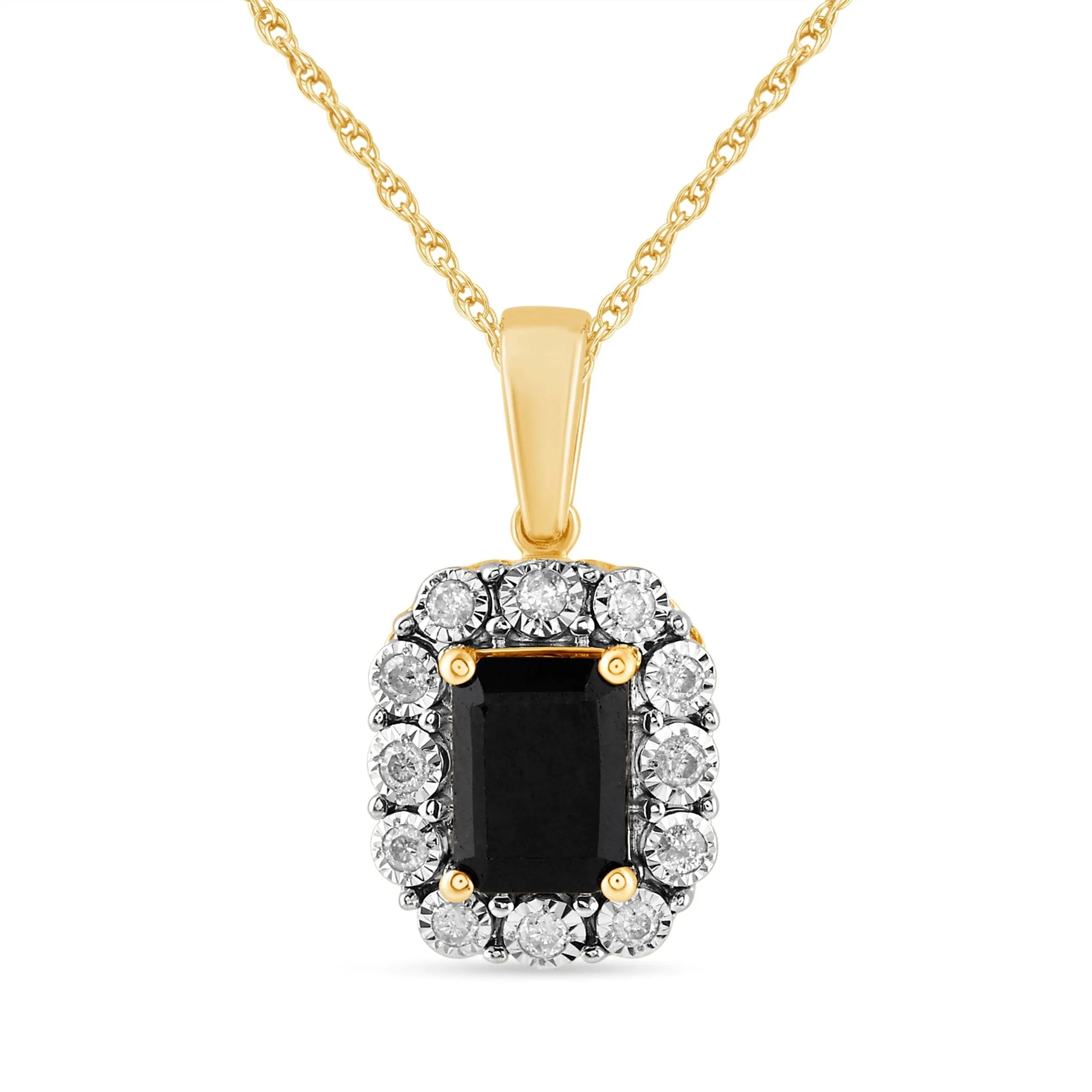 Emerald Cut Sapphire Necklace with 0.15ct of Diamonds in 9ct Yellow Gold