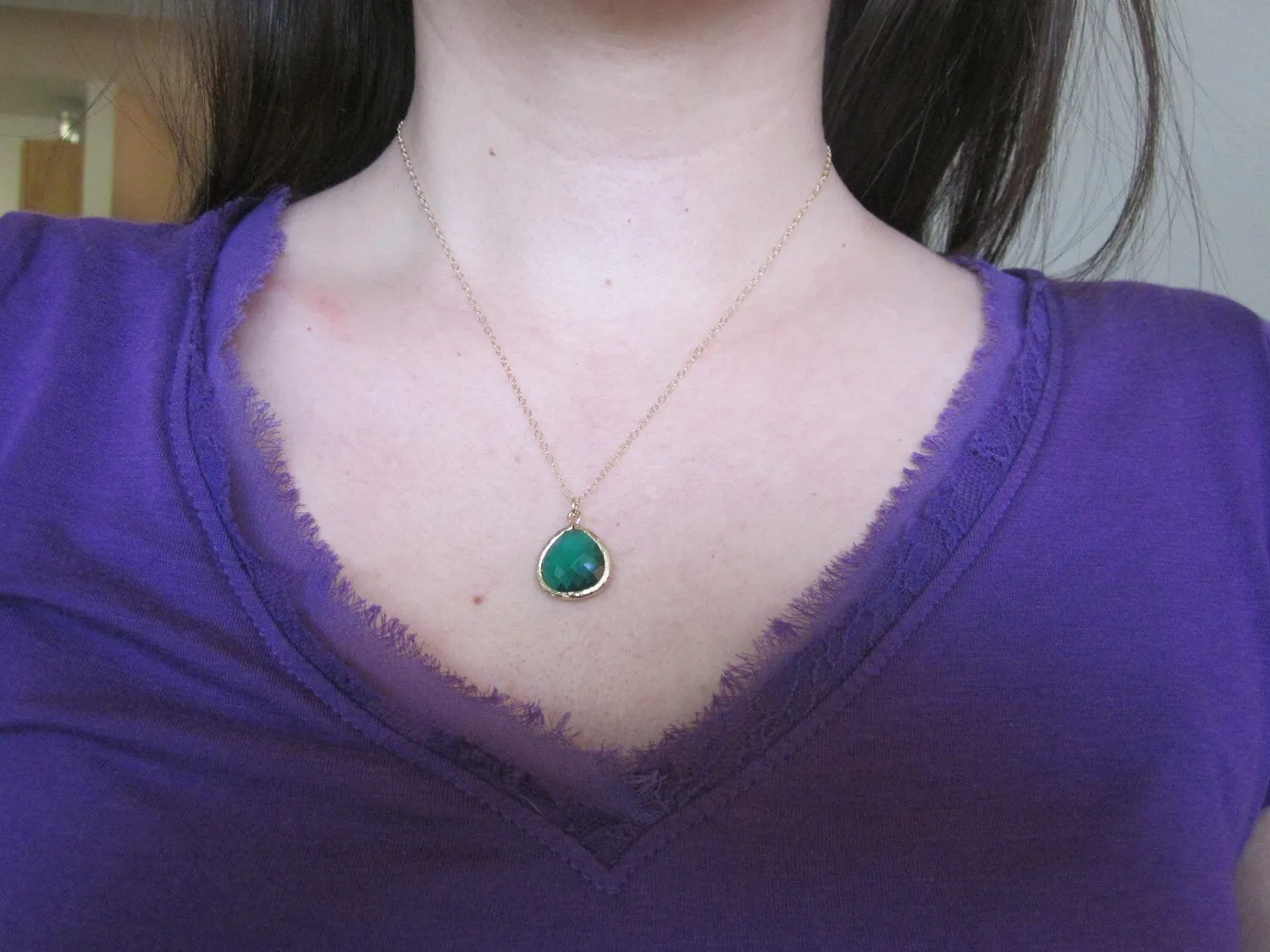 Emerald Green Necklace Gold Plated Large Pendant - Gold Filled Chain - Wedding Jewelry - Bridesmaid Jewelry - Valentines Day Gift
