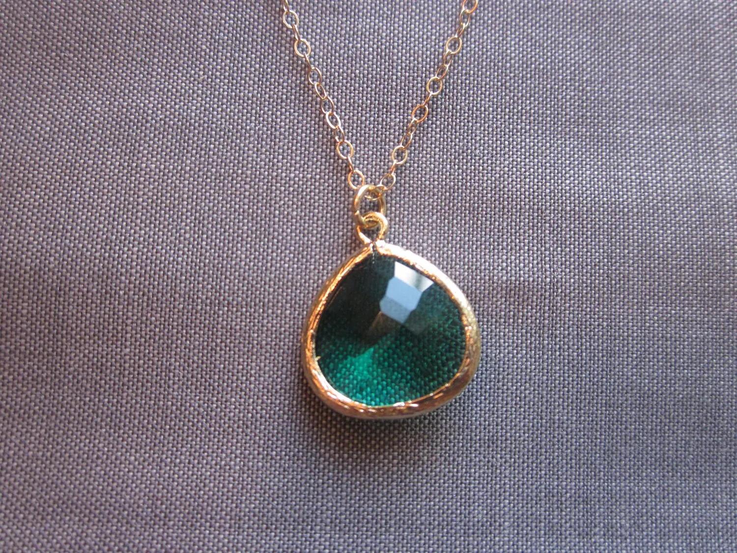 Emerald Green Necklace Gold Plated Large Pendant - Gold Filled Chain - Wedding Jewelry - Bridesmaid Jewelry - Valentines Day Gift