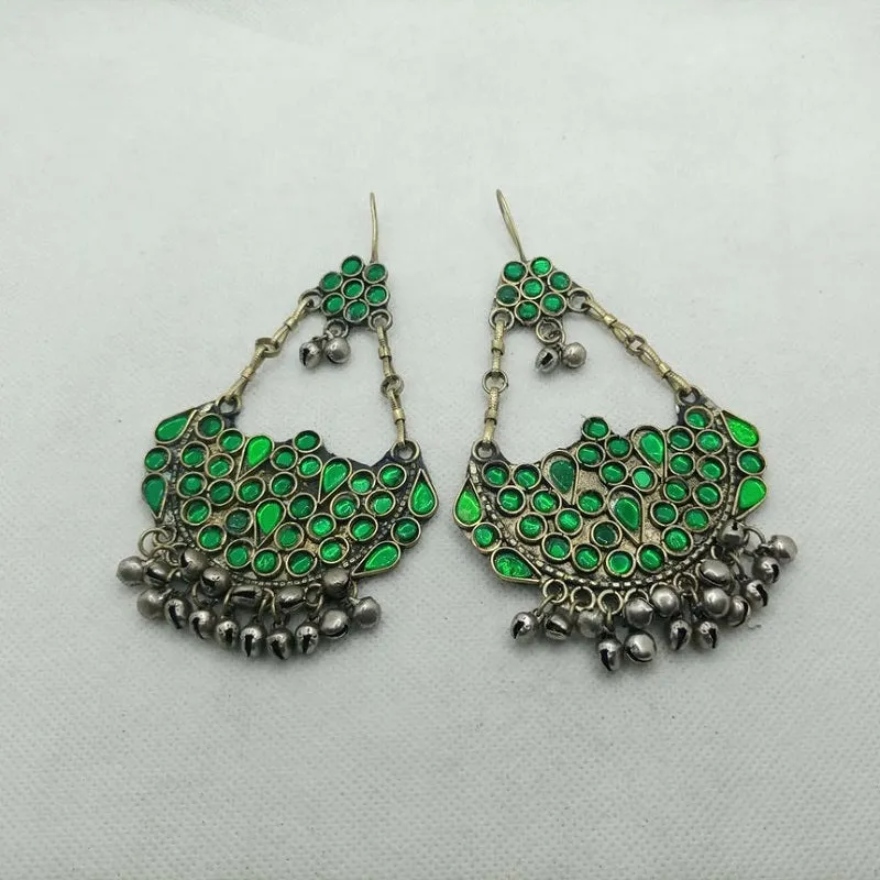 Ethnic Glass Stones Earrings With Dangling Bells
