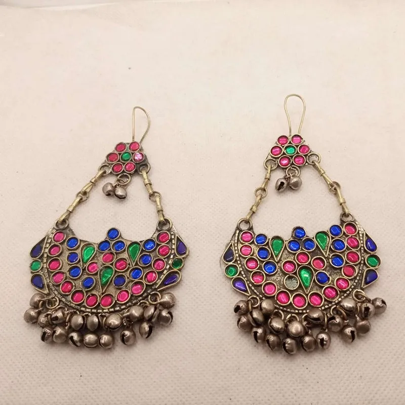 Ethnic Glass Stones Earrings With Dangling Bells