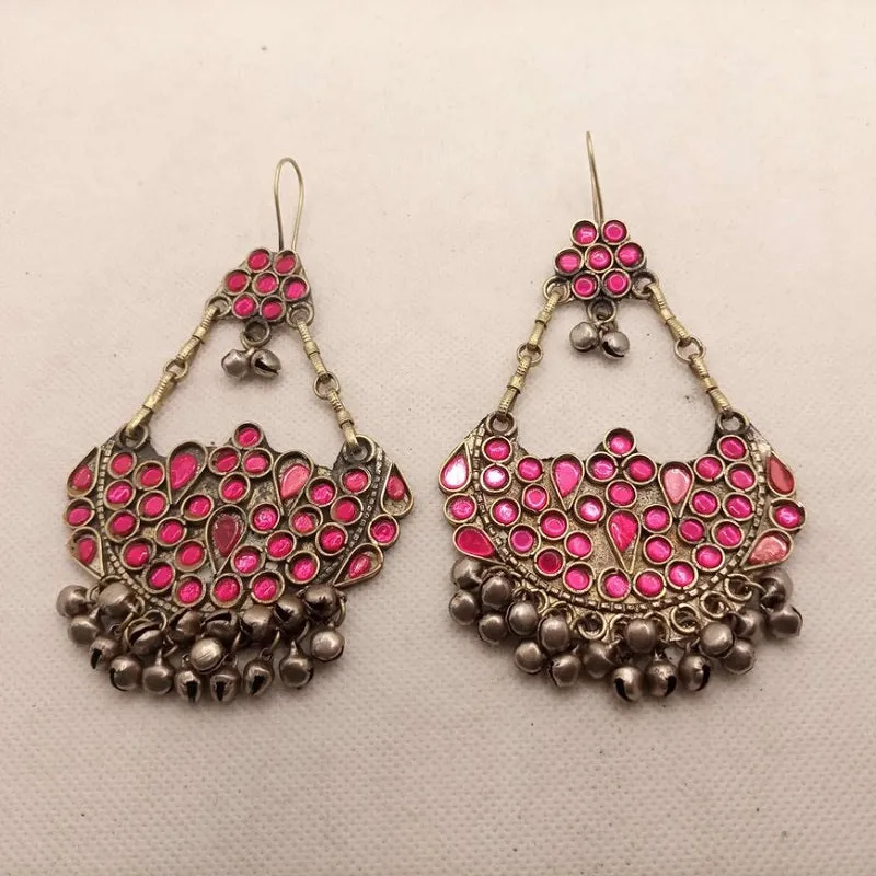 Ethnic Glass Stones Earrings With Dangling Bells