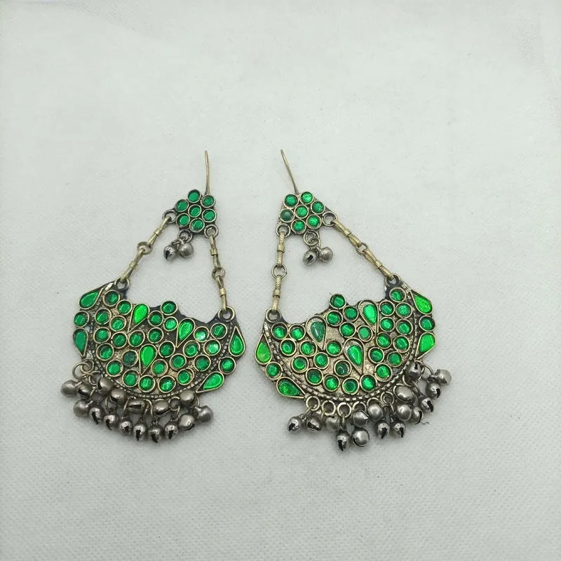 Ethnic Glass Stones Earrings With Dangling Bells