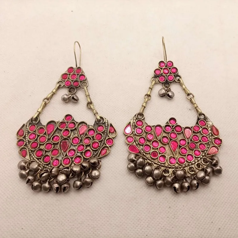 Ethnic Glass Stones Earrings With Dangling Bells