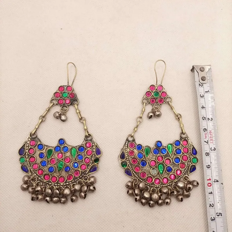 Ethnic Glass Stones Earrings With Dangling Bells
