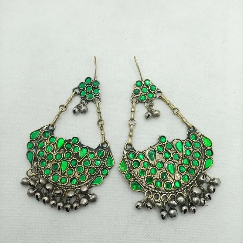 Ethnic Glass Stones Earrings With Dangling Bells