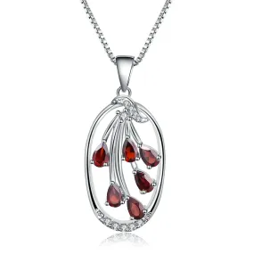 European Design Inlaid Garnet Pear Drop Pendant Silver Necklace for Women