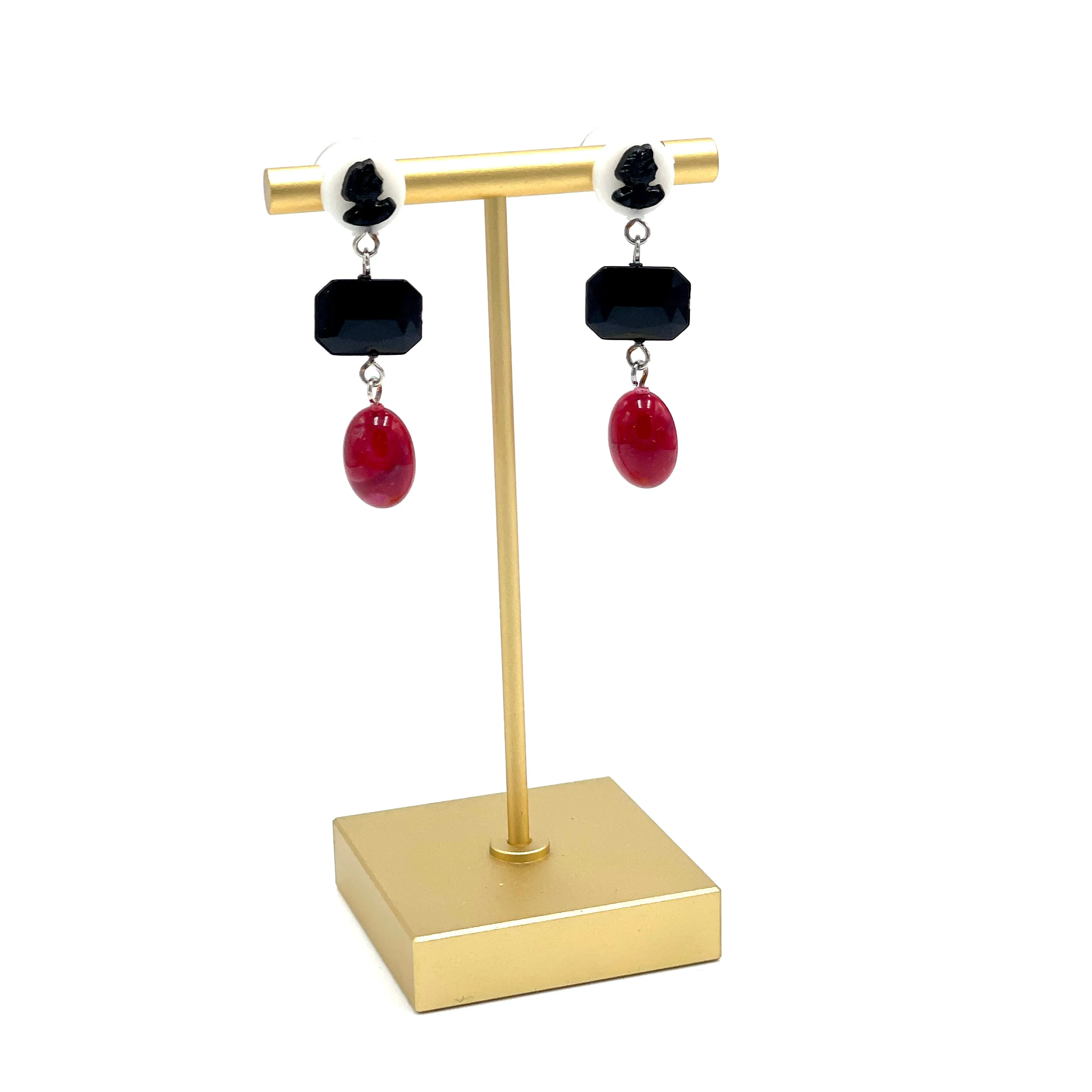 Faceted Onyx Cranberry & Cameo Lucite Trinket Earrings