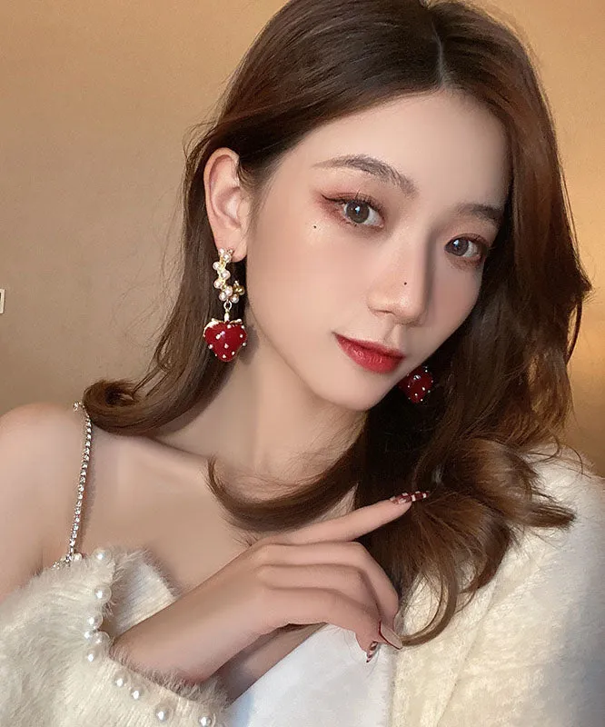 Fashion Red Alloy Zircon Jade Strawberry Drop Earrings LY9162