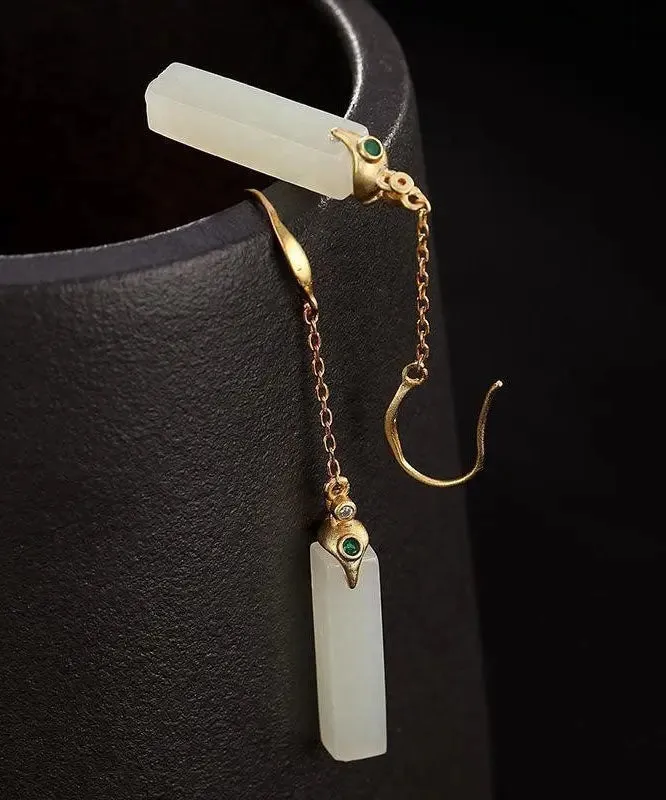 Fine White Sterling Silver Overgild Inlaid Jade Rectangular Drop Earrings LY8549