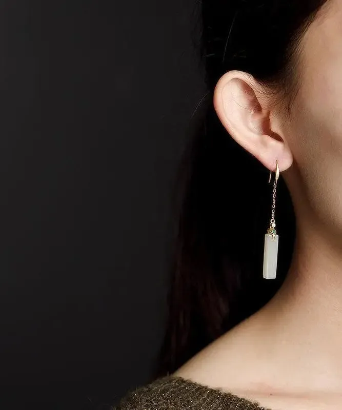 Fine White Sterling Silver Overgild Inlaid Jade Rectangular Drop Earrings LY8549
