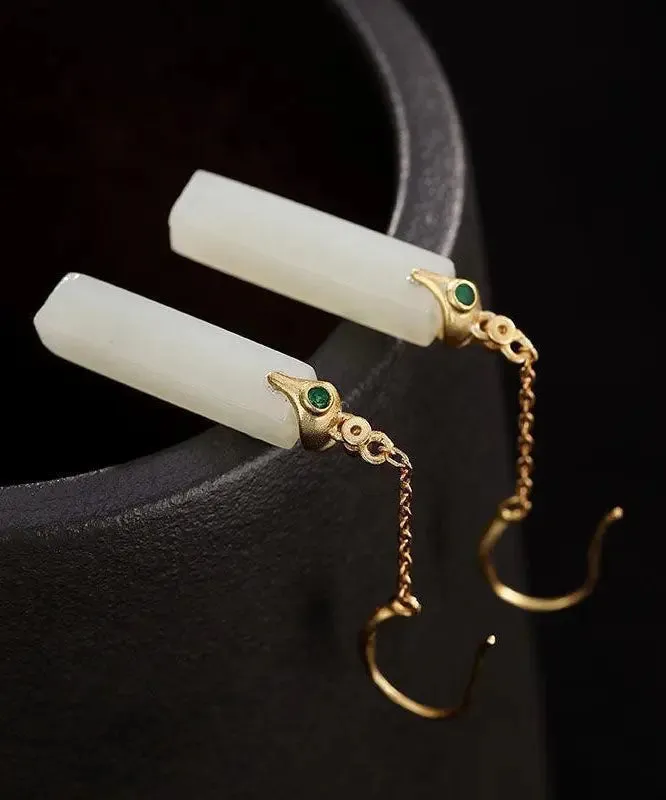 Fine White Sterling Silver Overgild Inlaid Jade Rectangular Drop Earrings LY8549