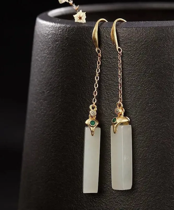 Fine White Sterling Silver Overgild Inlaid Jade Rectangular Drop Earrings LY8549