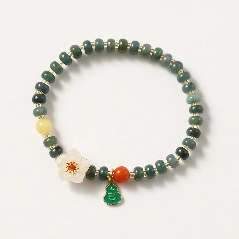 Fortune's Favor S925 Silver and Natural Jade Beaded Bracelet with Small Peach Blossom Design