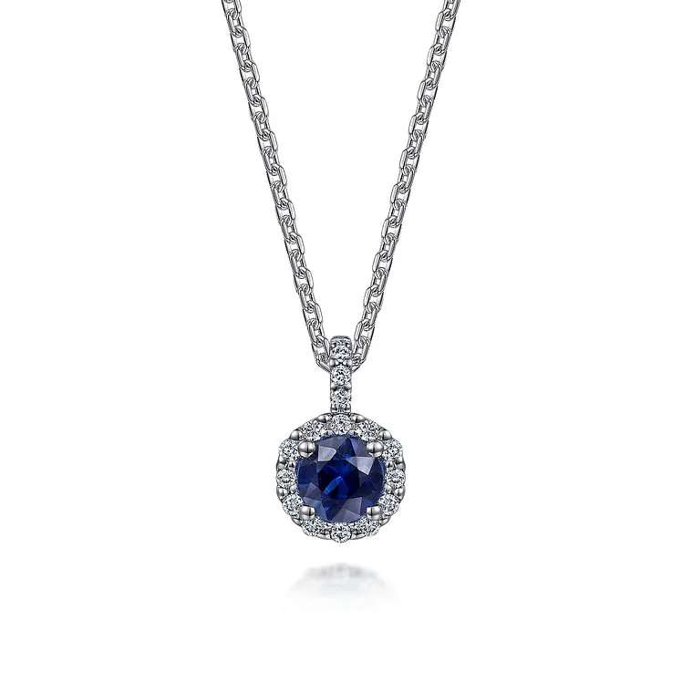 Gabriel & Co.,  Sapphire and Diamond Halo Pendant Necklace