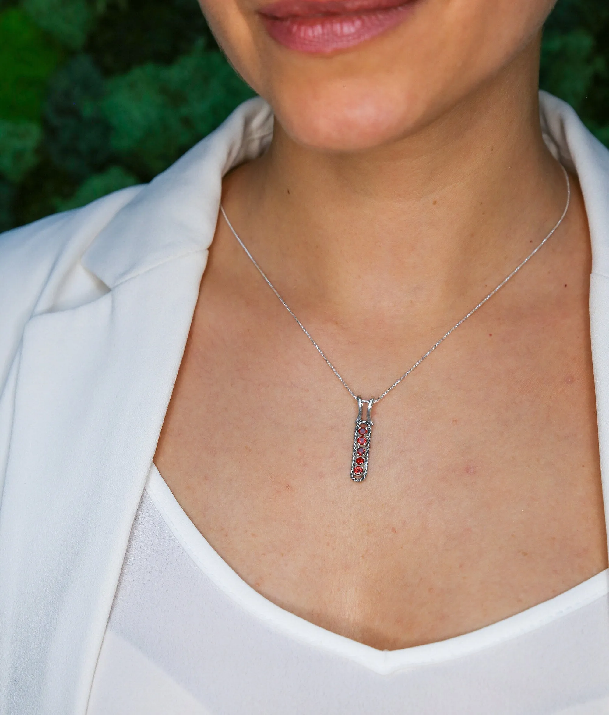 Garnet Bar Pendant - Vertical Silver Necklace - Vintage Garnet Pendant