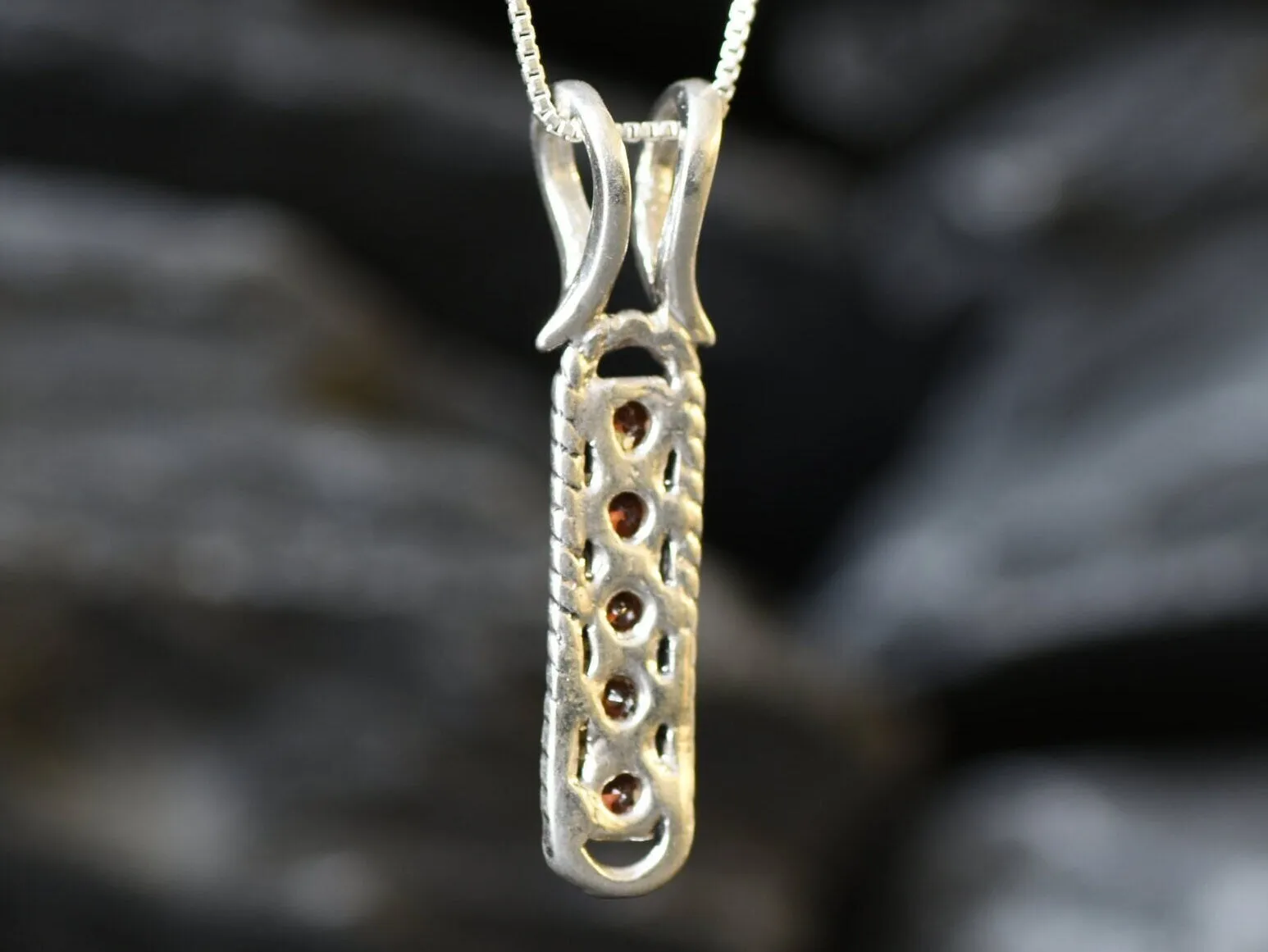 Garnet Bar Pendant - Vertical Silver Necklace - Vintage Garnet Pendant