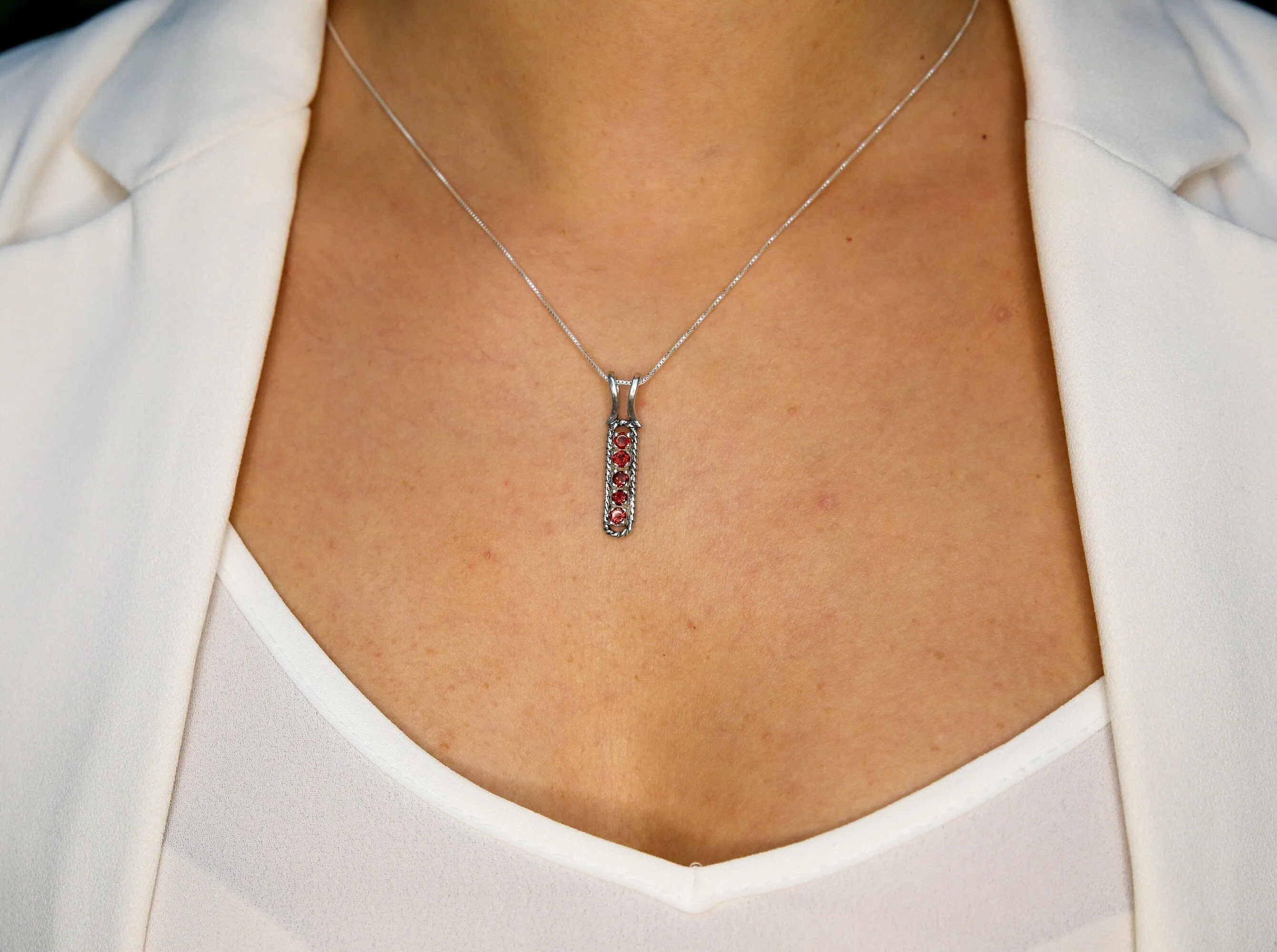 Garnet Bar Pendant - Vertical Silver Necklace - Vintage Garnet Pendant