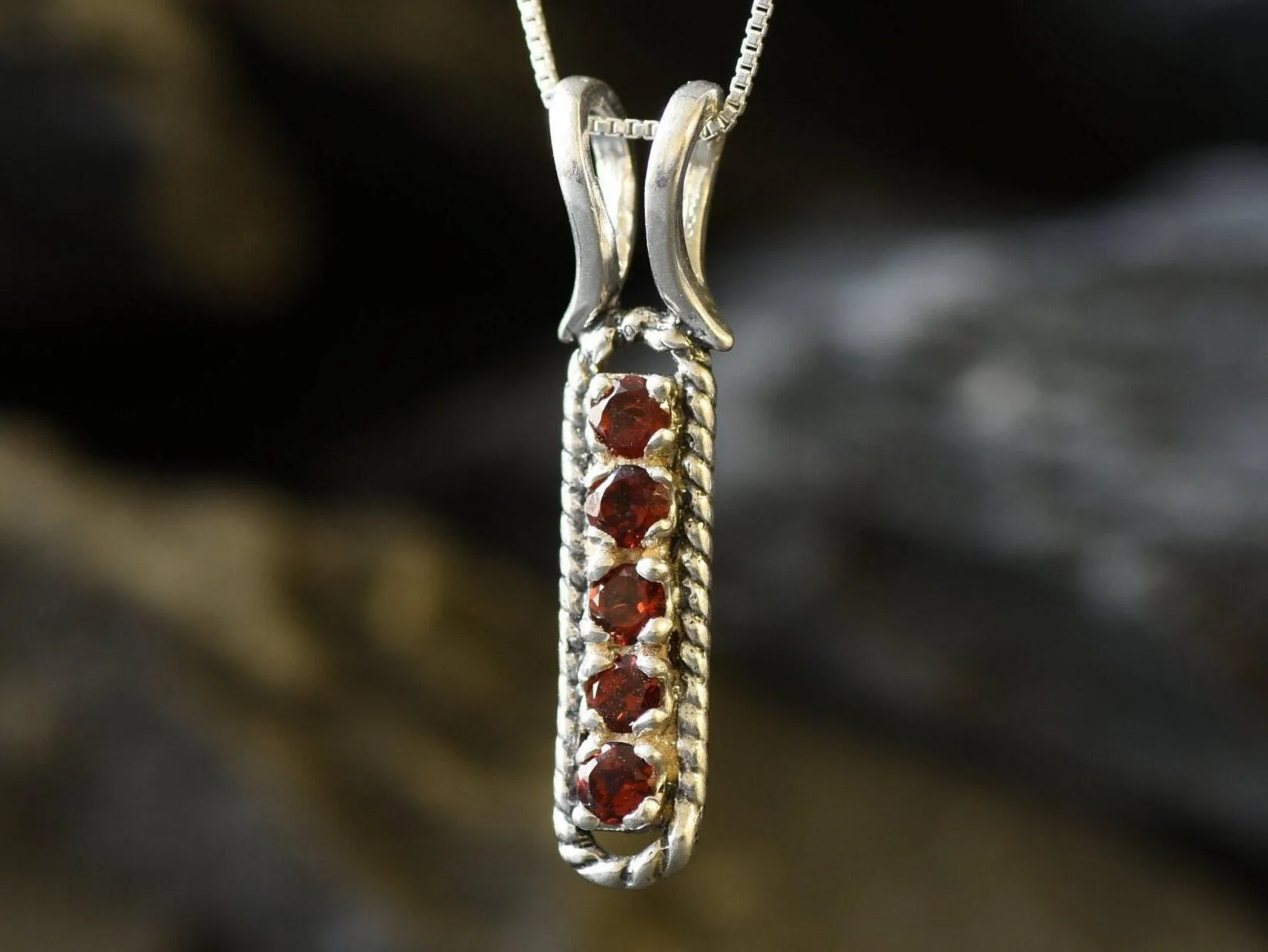Garnet Bar Pendant - Vertical Silver Necklace - Vintage Garnet Pendant