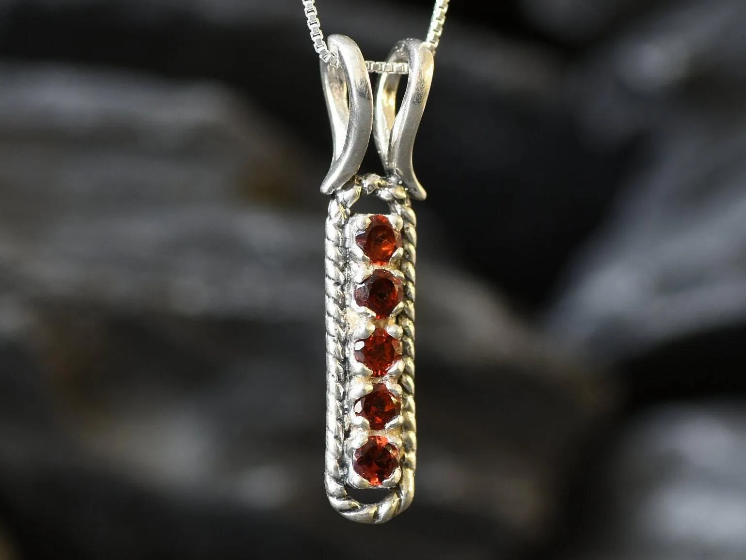 Garnet Bar Pendant - Vertical Silver Necklace - Vintage Garnet Pendant