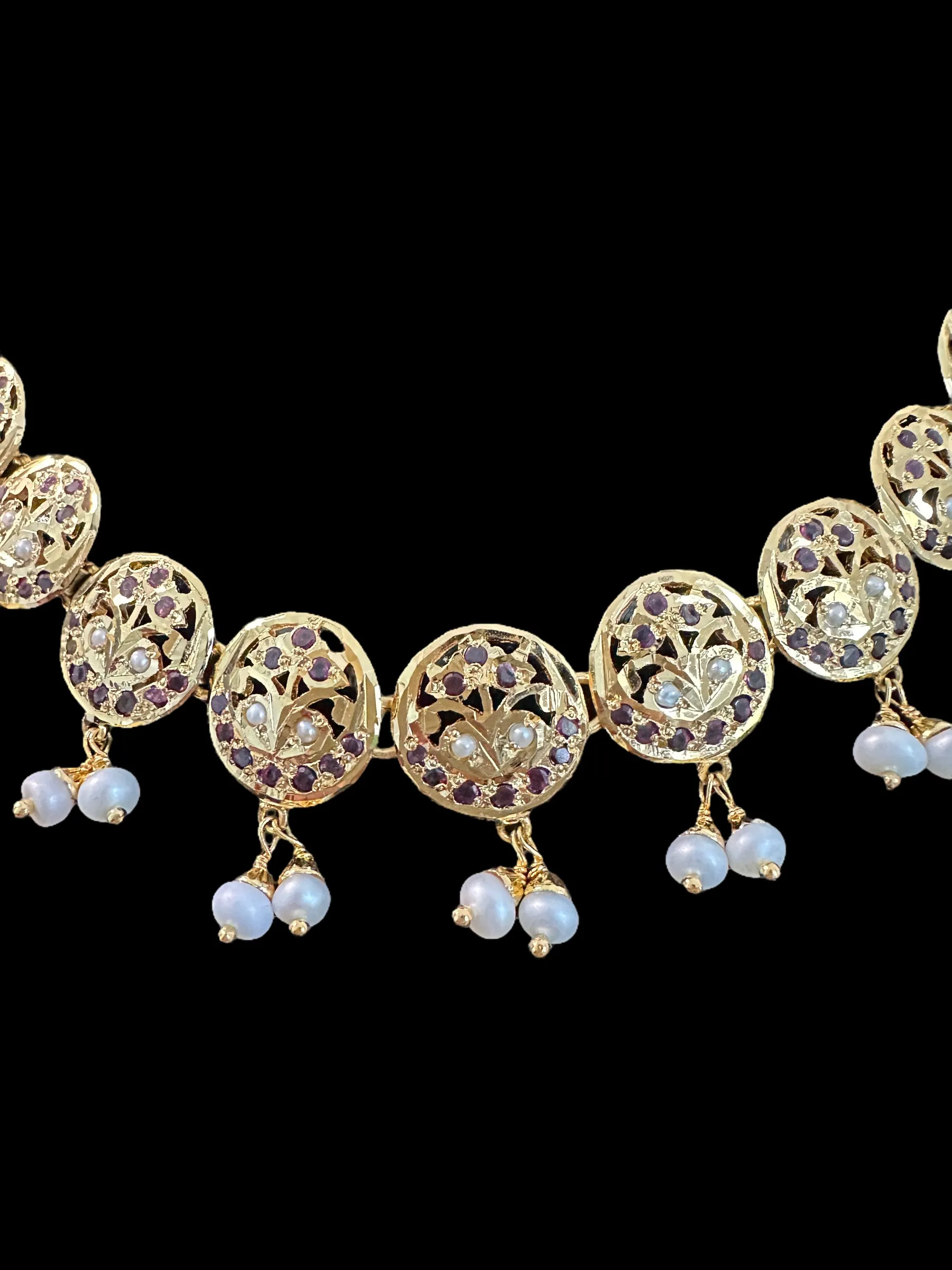 Garnet  necklace set with fresh water pearls - gold plated silver ( READY TO SHIP )