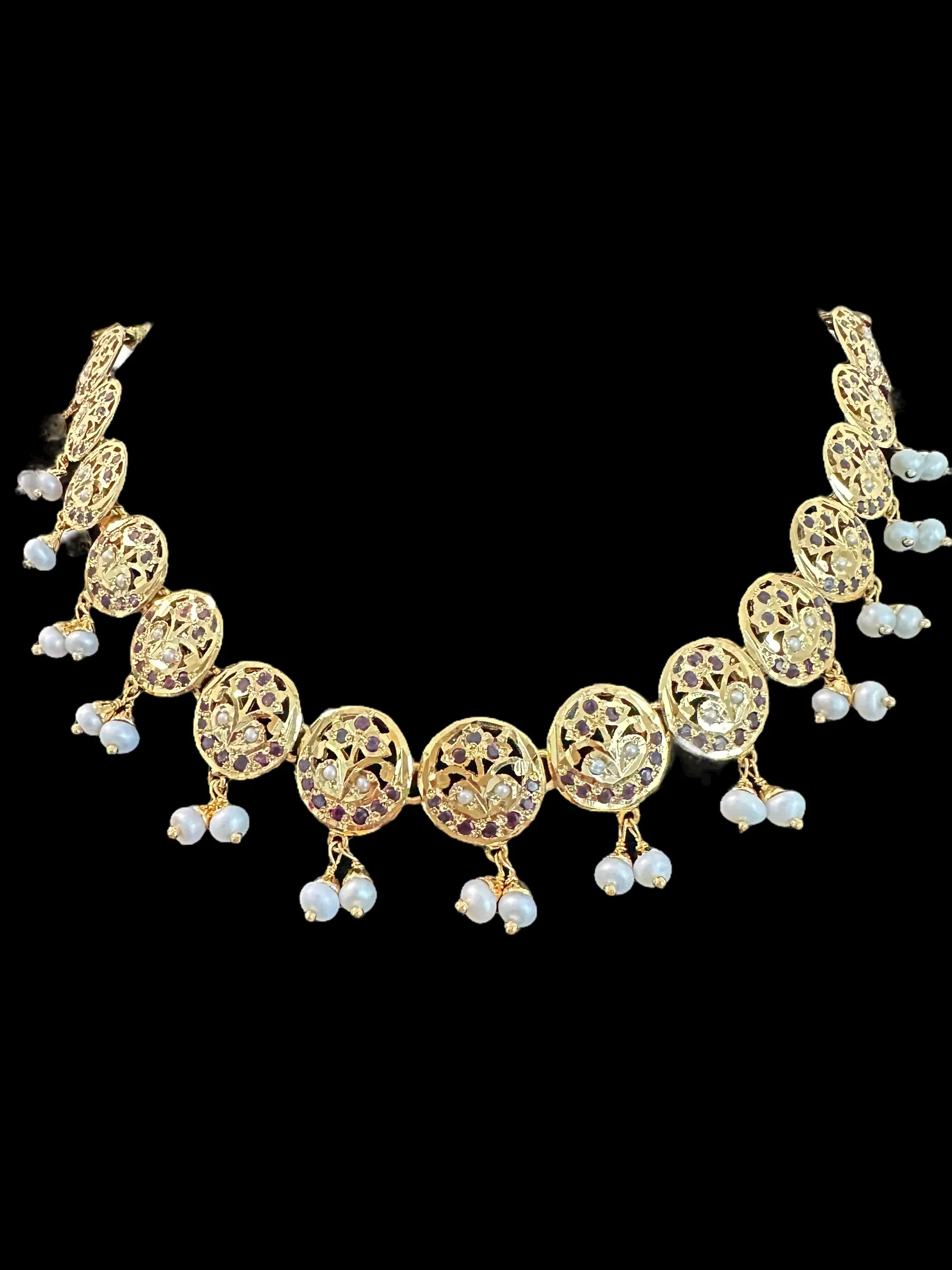 Garnet  necklace set with fresh water pearls - gold plated silver ( READY TO SHIP )
