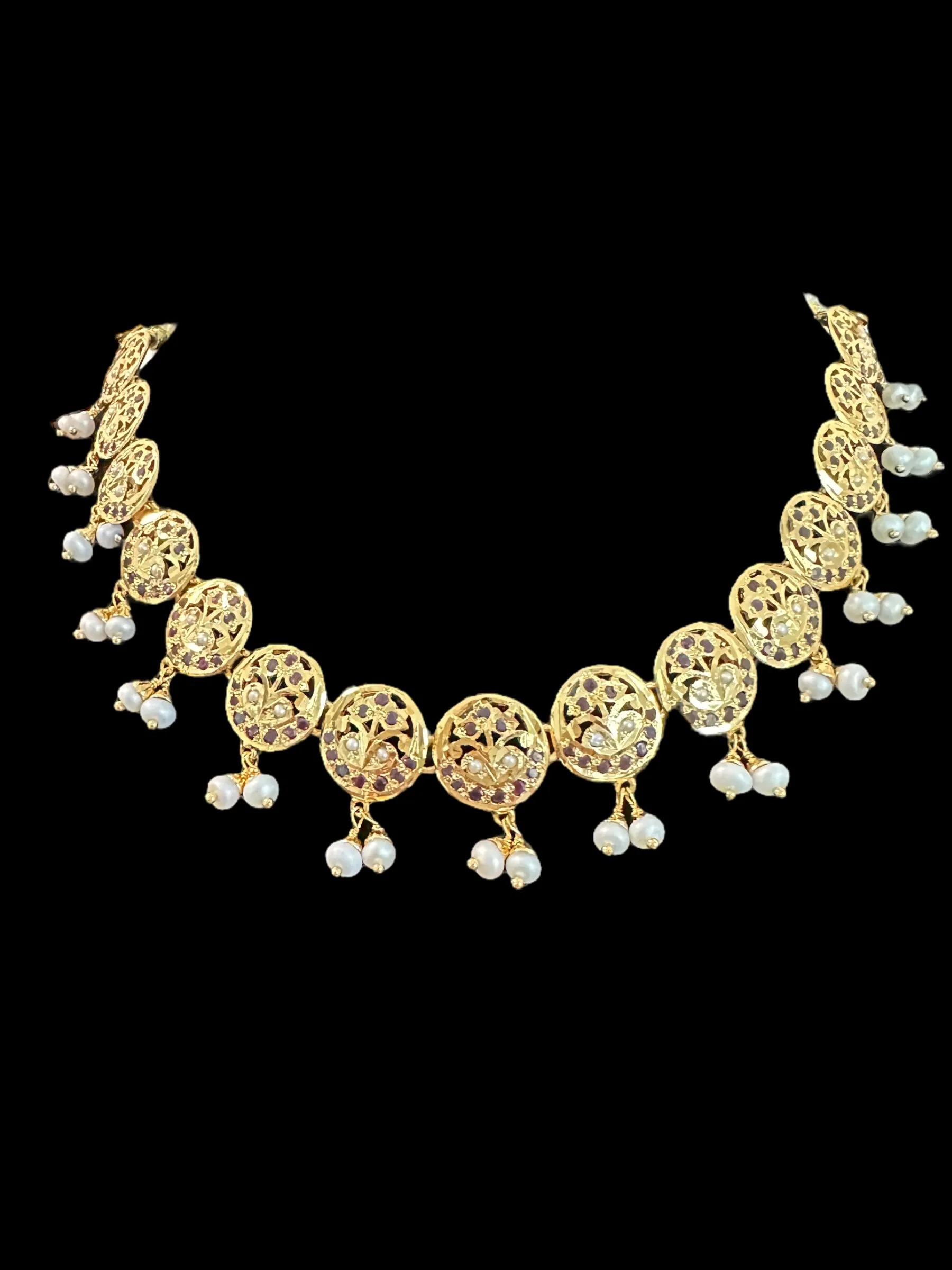 Garnet  necklace set with fresh water pearls - gold plated silver ( READY TO SHIP )