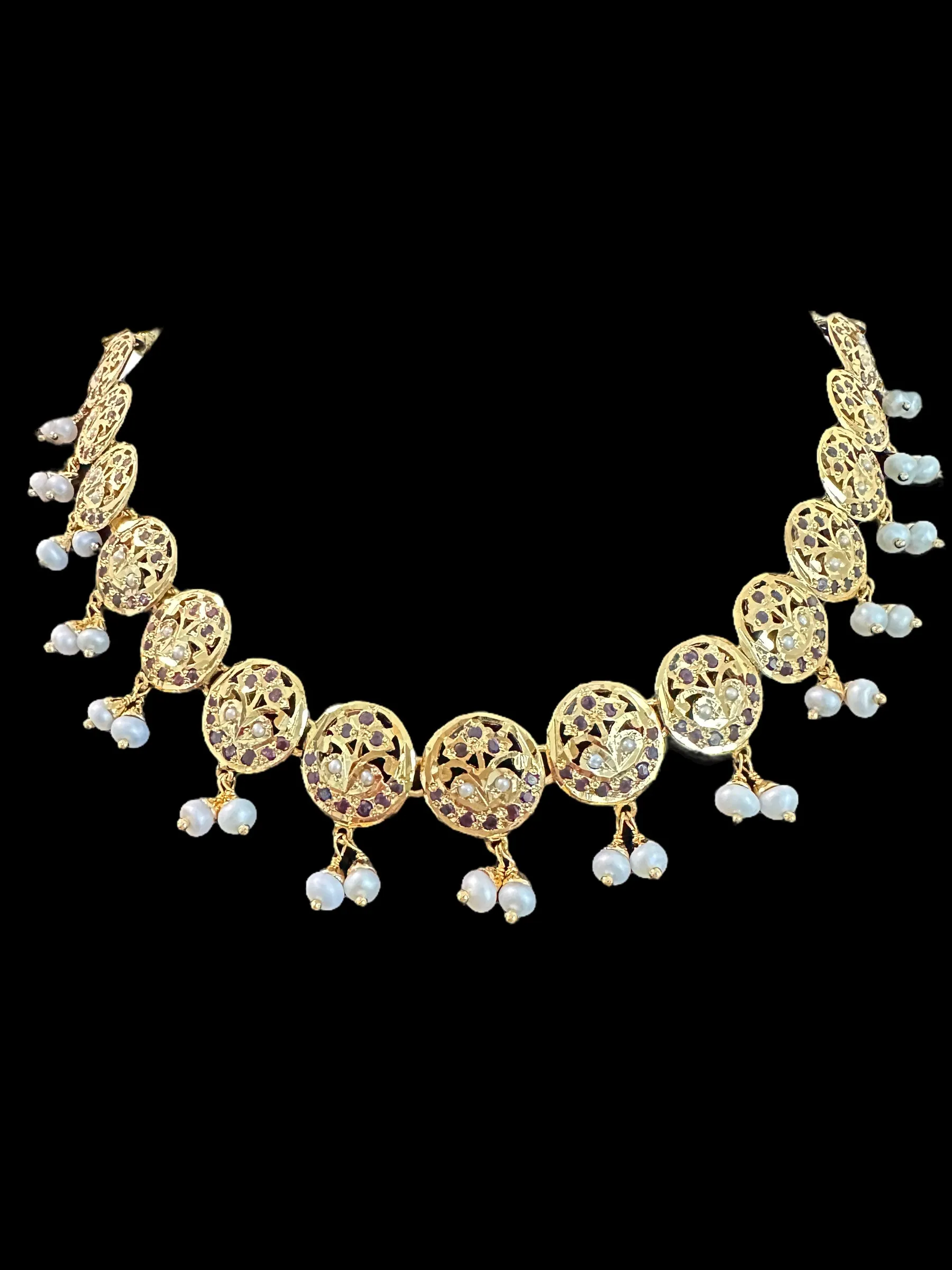 Garnet  necklace set with fresh water pearls - gold plated silver ( READY TO SHIP )