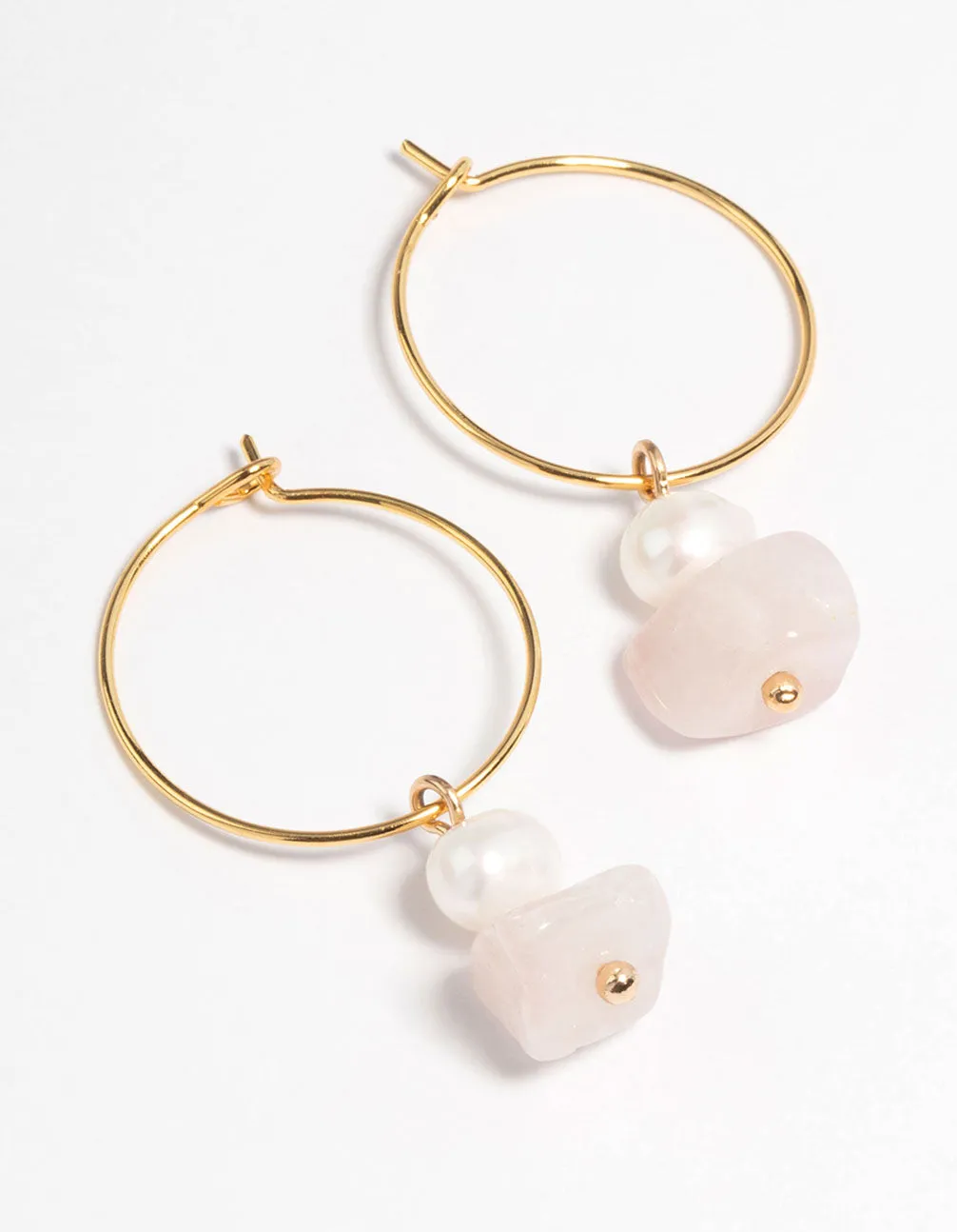 Gold Plated Rose Quartz Freshwater Pearl Wire Hoop Earrings