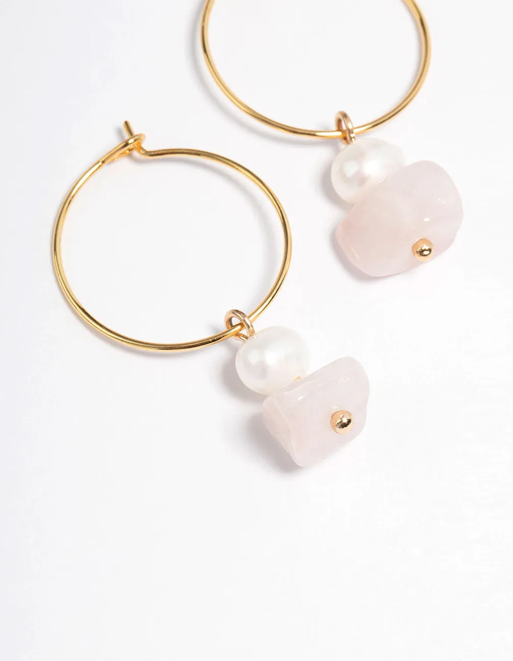 Gold Plated Rose Quartz Freshwater Pearl Wire Hoop Earrings