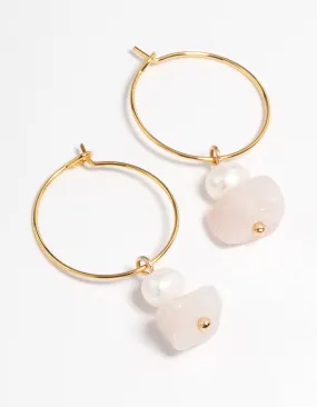 Gold Plated Rose Quartz Freshwater Pearl Wire Hoop Earrings