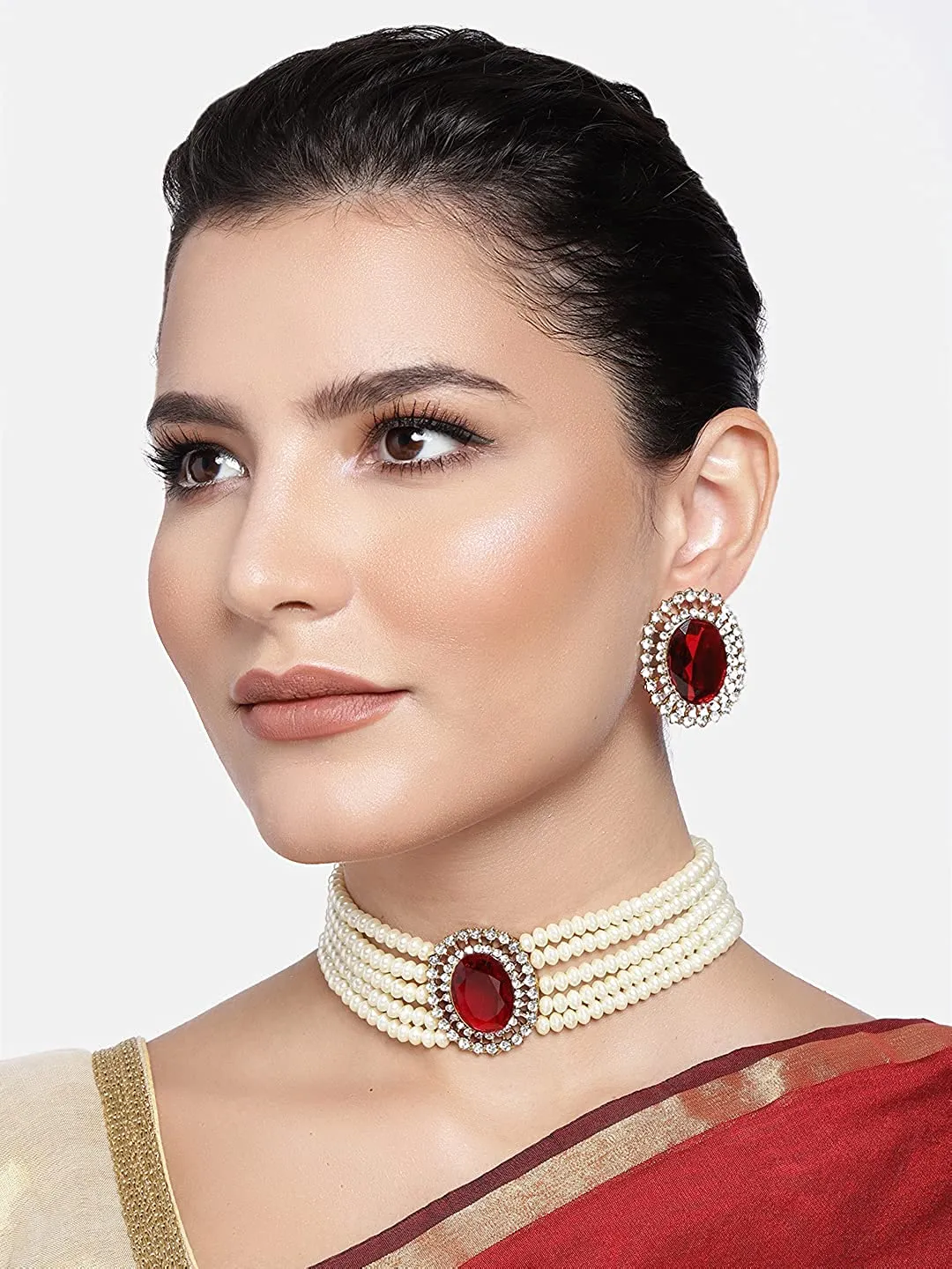 Gold Plated Traditional Stone Studded Pearl Choker Necklace Jewellery Set For Women/Girls