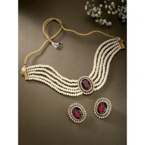 Gold Plated Traditional Stone Studded Pearl Choker Necklace Jewellery Set For Women/Girls
