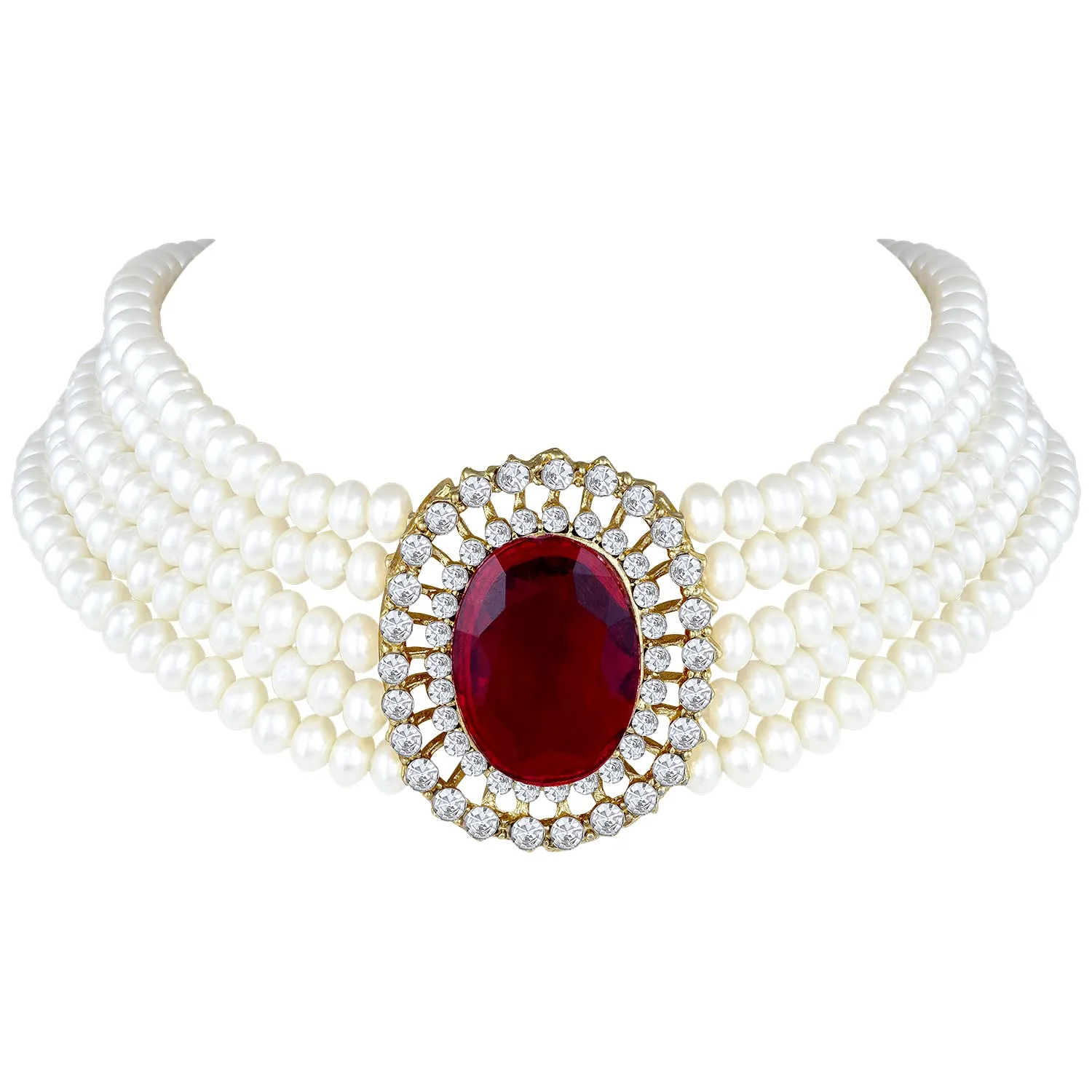 Gold Plated Traditional Stone Studded Pearl Choker Necklace Jewellery Set For Women/Girls