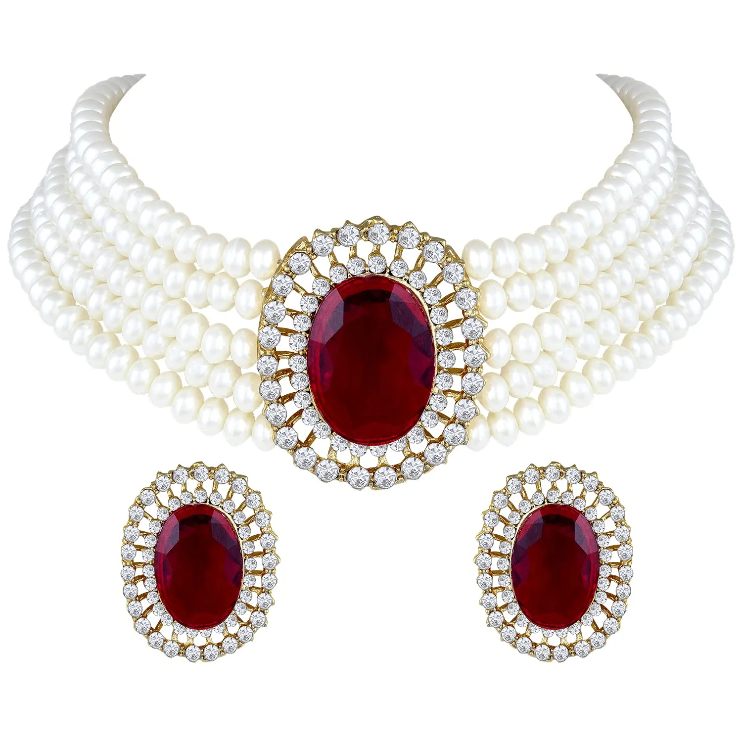 Gold Plated Traditional Stone Studded Pearl Choker Necklace Jewellery Set For Women/Girls