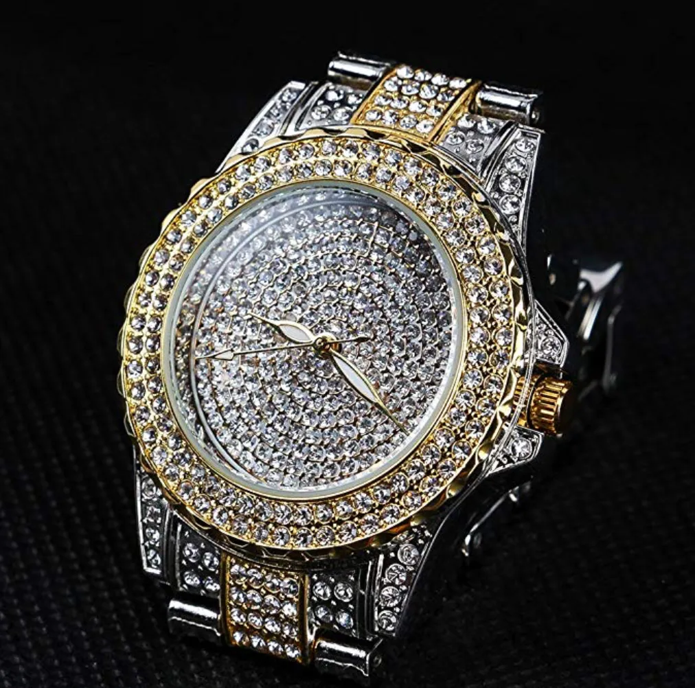 Gold Silver Two Tone Watch Simulated Diamond Watch Hip Hop Jewelry Bust Down Iced Out Watch Bling
