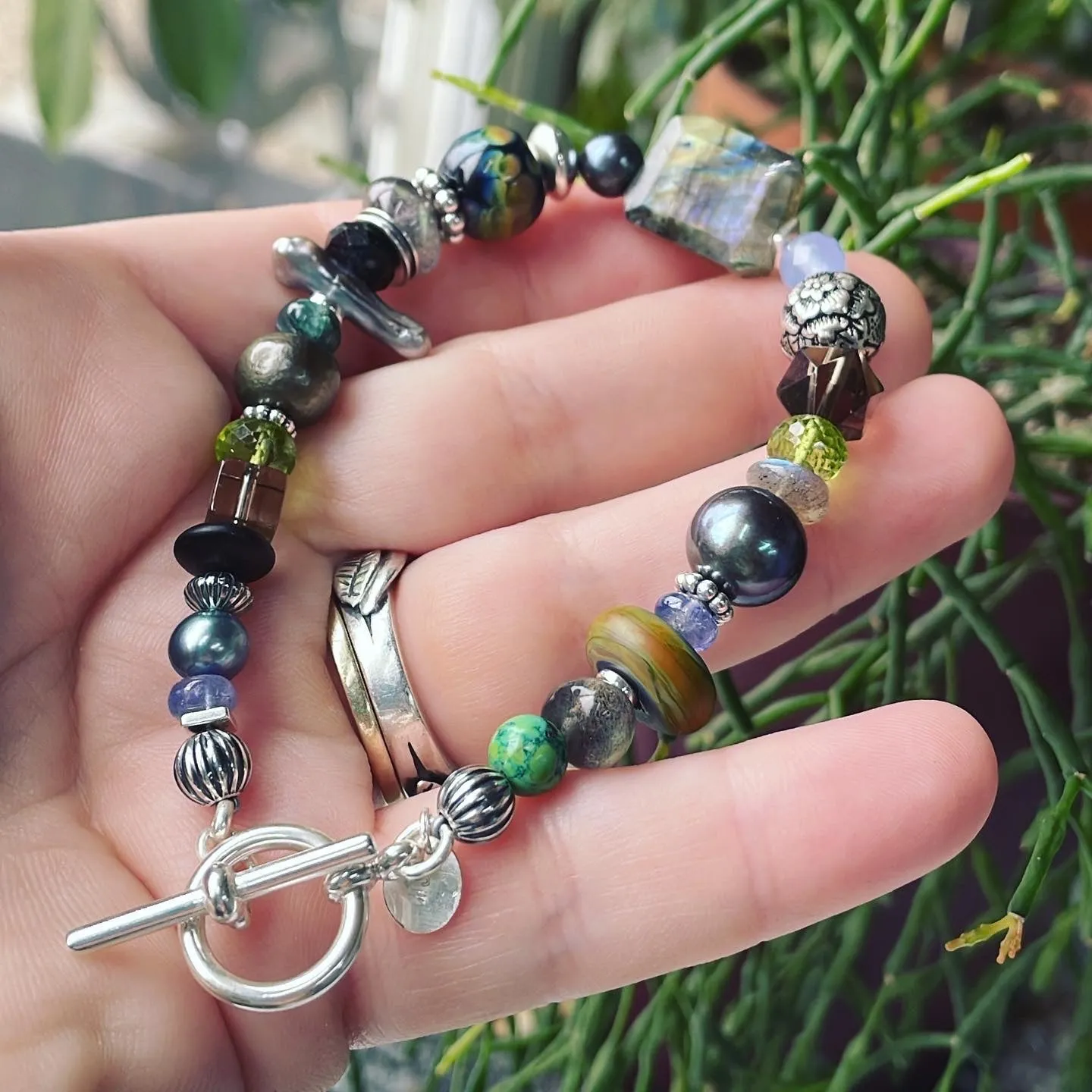Green and Gray Multi Beaded Bracelet