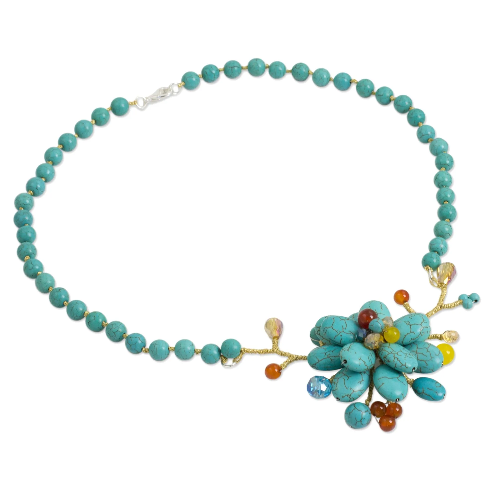 Handcrafted Floral Quartz and Carnelian Necklace - Amsonia in Bloom | NOVICA
