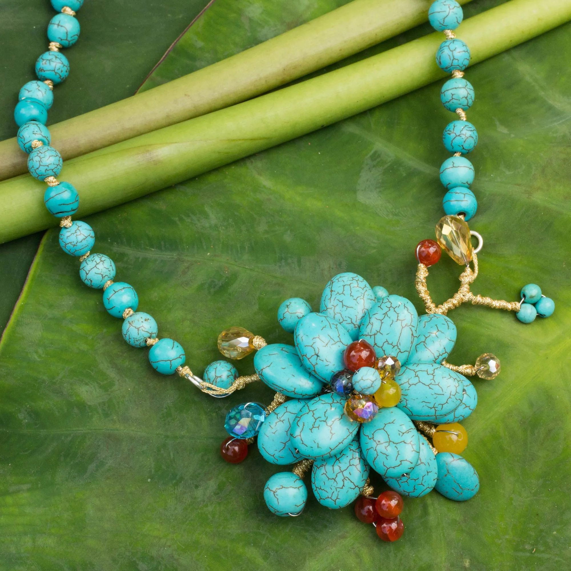 Handcrafted Floral Quartz and Carnelian Necklace - Amsonia in Bloom | NOVICA