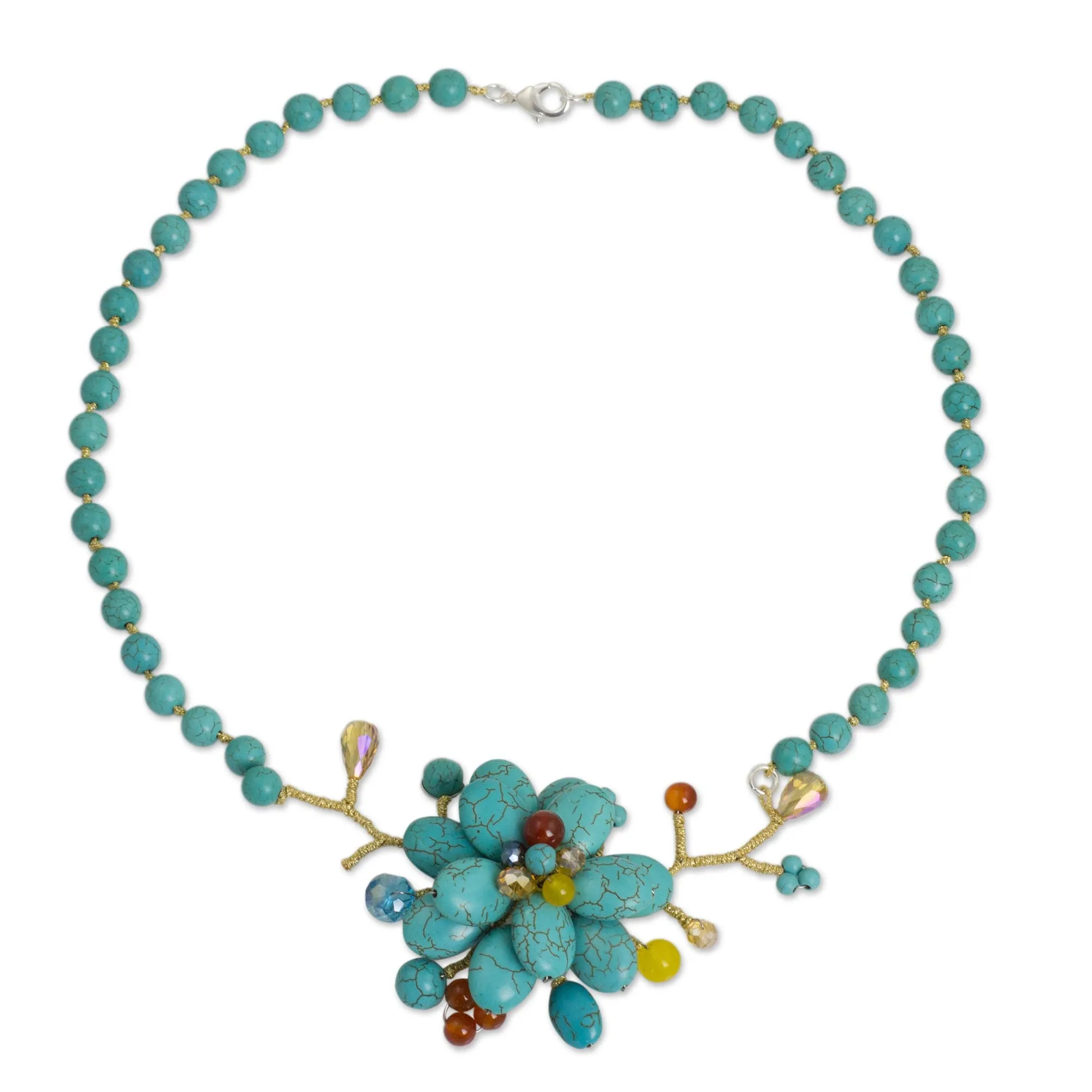 Handcrafted Floral Quartz and Carnelian Necklace - Amsonia in Bloom | NOVICA