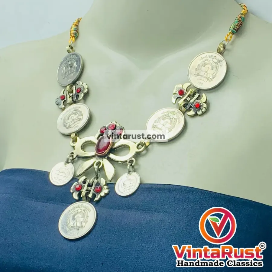 Handmade Vintage Coins Tribal Choker With Stone